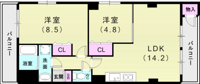2LDK（59.4平米）室内洗濯機置き場・収納・バルコニー