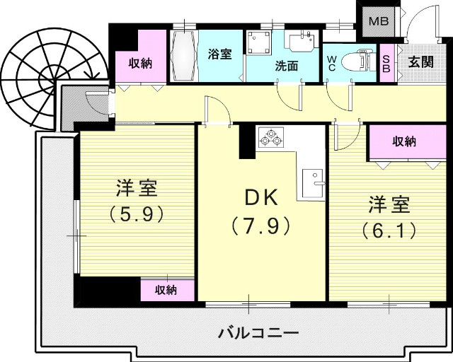 2ＤＫ（55.16平米）Ｌ字キッチン、ＳＢ、振分け、収納豊富
