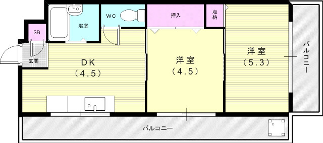 2DK（28.92平米）2面採光・風呂トイレ別・下駄箱・収納