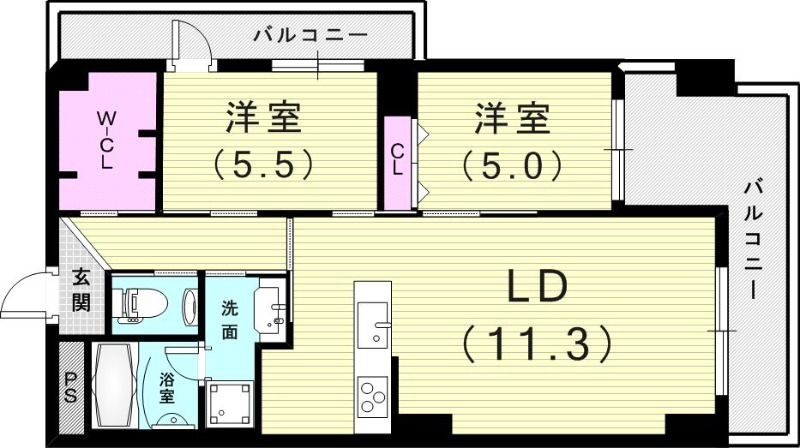 2LDK（７２平米）カウンターキッチン・クローゼット・脱衣所