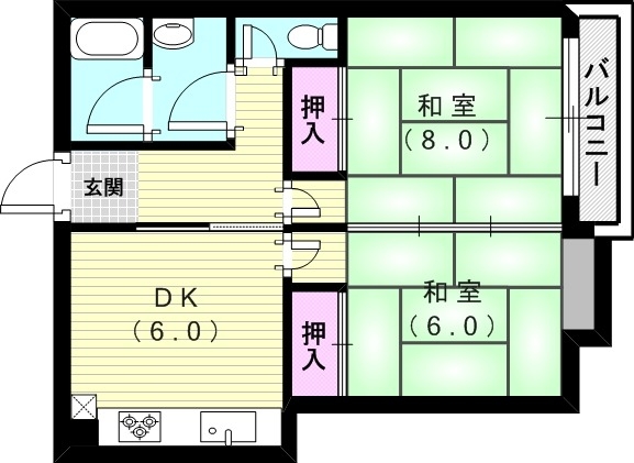 2DK（45平米）バストイレ別・独立洗面台・室内洗濯機置場