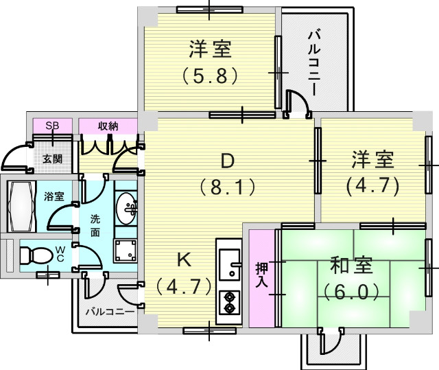 ３ＤＫ（６３．５７平米）システムキッチン・独立洗面台・収納