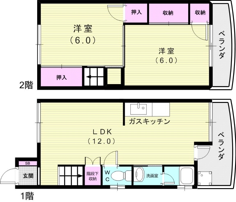 2ＬＤＫ（５１．７６平米）ガスキッチン・押入・下駄箱・収納