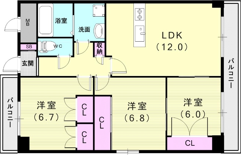 3LDK（68.6平米）モニターホン・エアコン・温水洗浄便座
