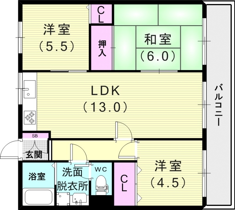 3LDK（65.10平米）システムキッチン・独立洗面台