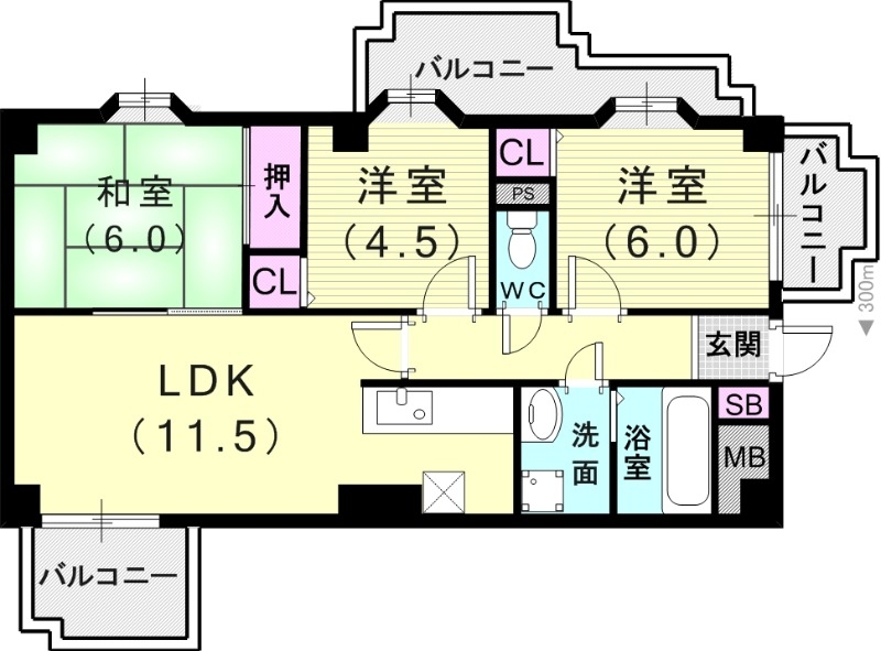 3LDK（65.9平米）洗髪洗面化粧台・下駄箱・3口コンロ