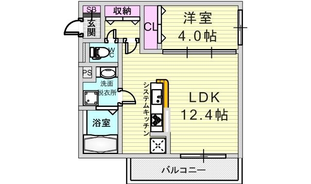 1LDK（４０.１５平米）カウンターキッチン・グリル・