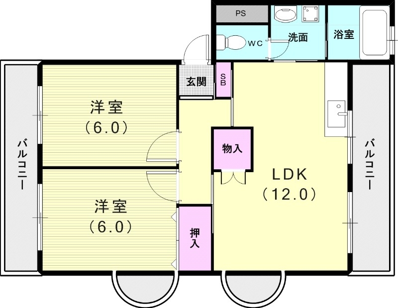 2LDK（54.9平米）モニター本・室内洗濯機置き場・角部屋