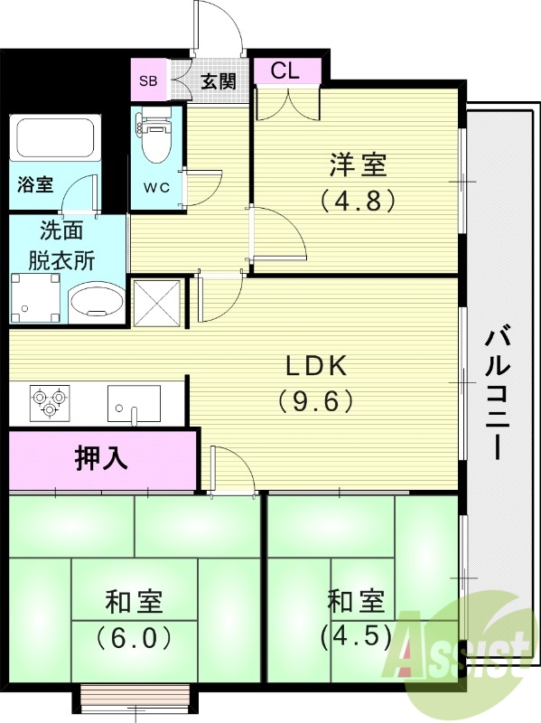 3LDK（56.82平米）3口コンロ・エアコン・下駄箱