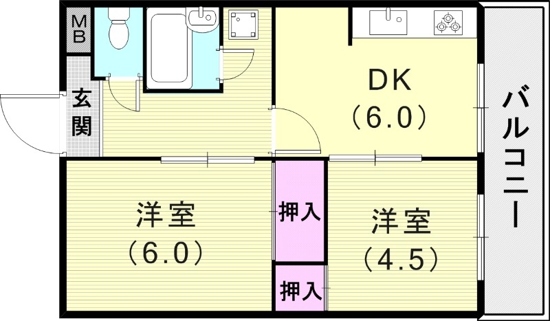 2DK（38.39平米）システムキッチン・エアコン2台・収納