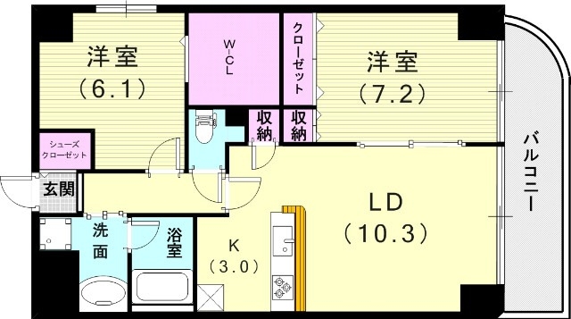2LDK（６４.６８平米）3口ガスコンロ・独立洗面台・収納