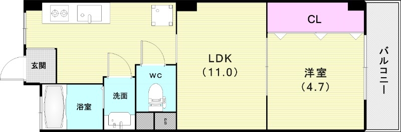 1LDK(35平米)バストイレ別・独立洗面台・バルコニー