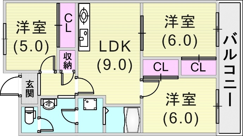 3LDK(61.2平米)ペット飼育可・バストイレ別