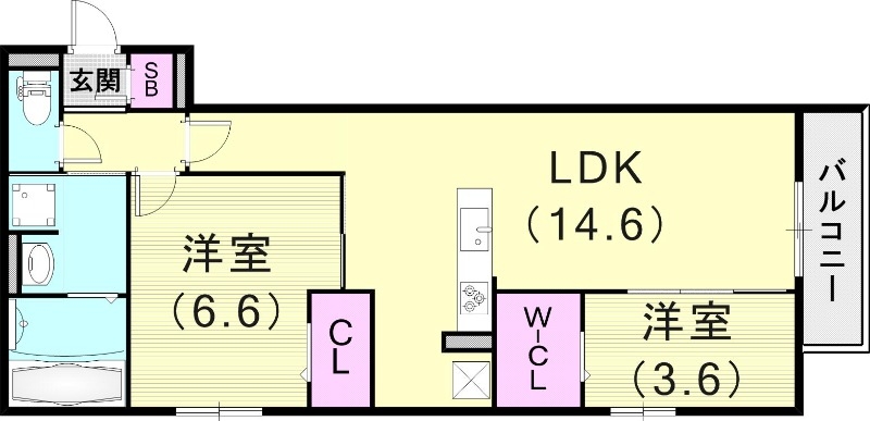 2LDK（56.88平米）カウンターキッチン・追い焚き