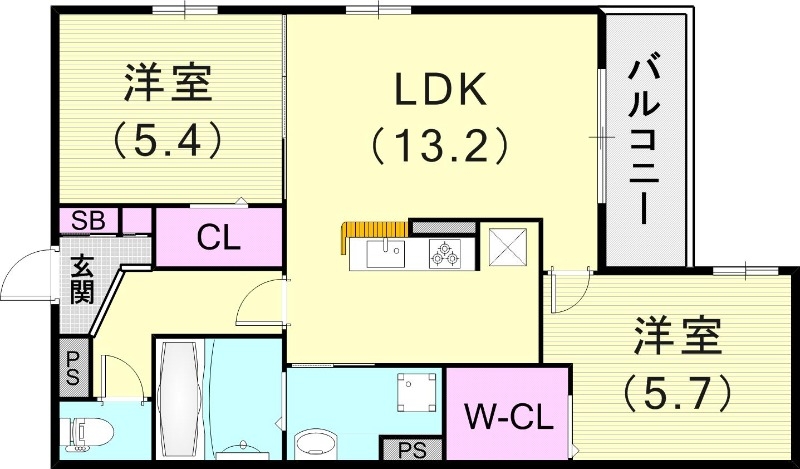2LDK（57.31平米）カウンターキッチン・エアコン