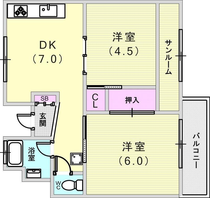 2DK(42平米）ペット可・サンルーム・室内洗濯機置場・収納
