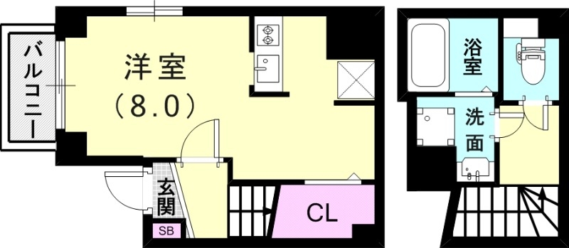 1K(25.64平米)エアコン・システムキッチン・バルコニー