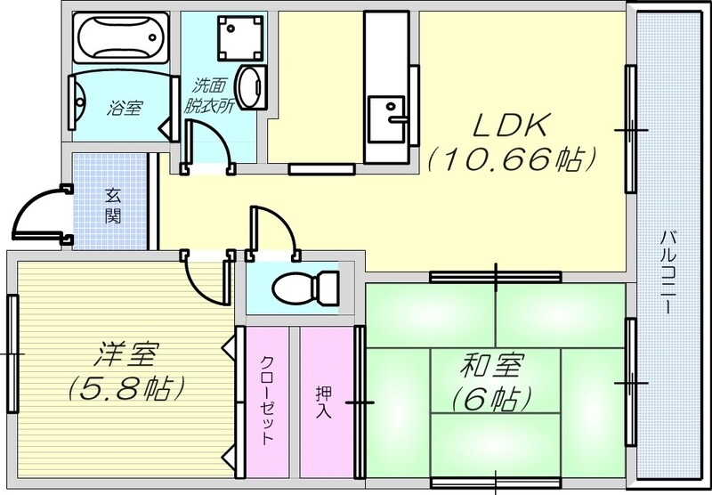 2LDK（58.8平米）カウンターキッチン・独立洗面台
