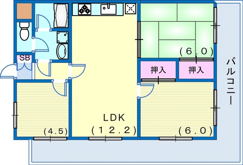 3LDK（59平米）システムキッチン・L字バルコニー