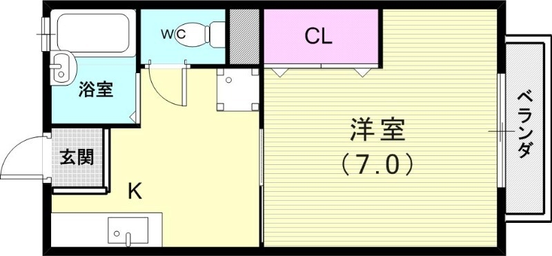 １Ｋ（23平米）室内洗濯機置き場・エアコン・クローゼット