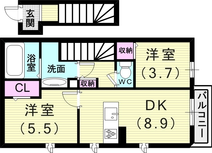 2DK（50.44平米）システムキッチン・独立洗面台・収納
