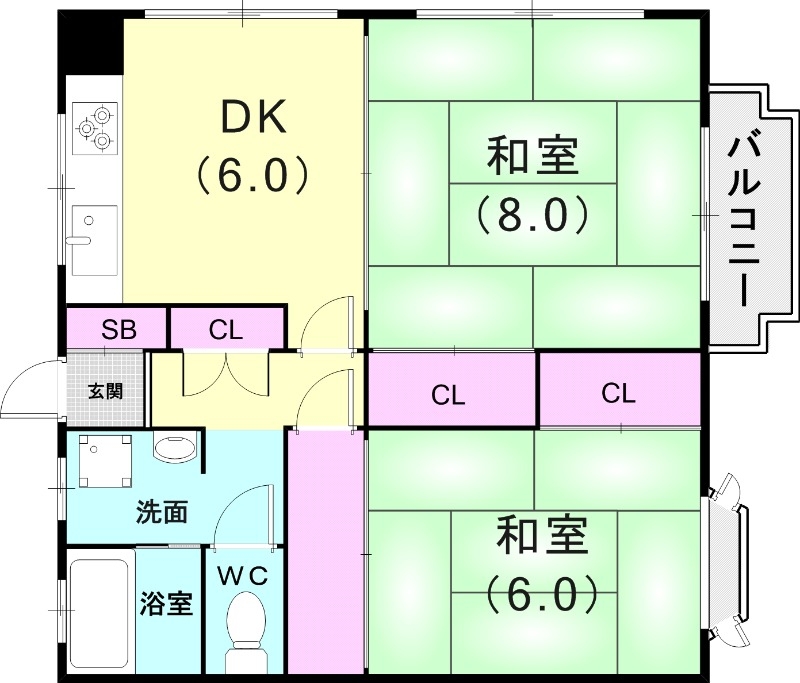 2DK（45平米）システムキッチン・独立洗面台・収納・最上階