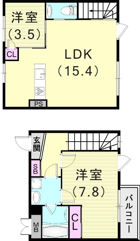 3LDK（60.06平米）メゾネット・追い焚き・浴室乾燥機