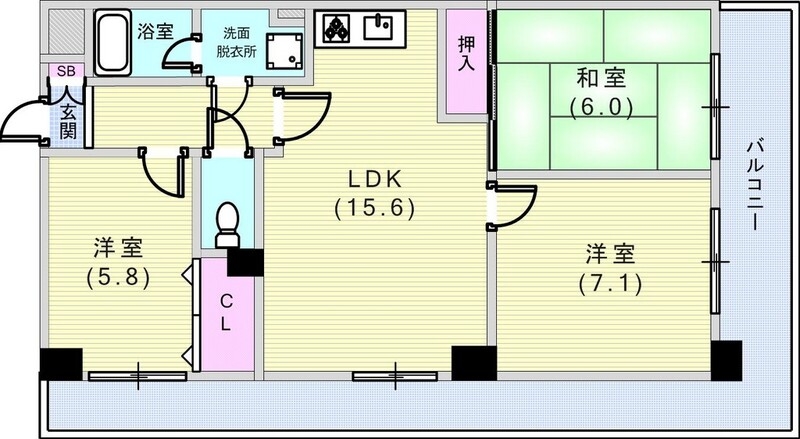 3LDK（71.37平米）システムキッチン・L字バルコニー