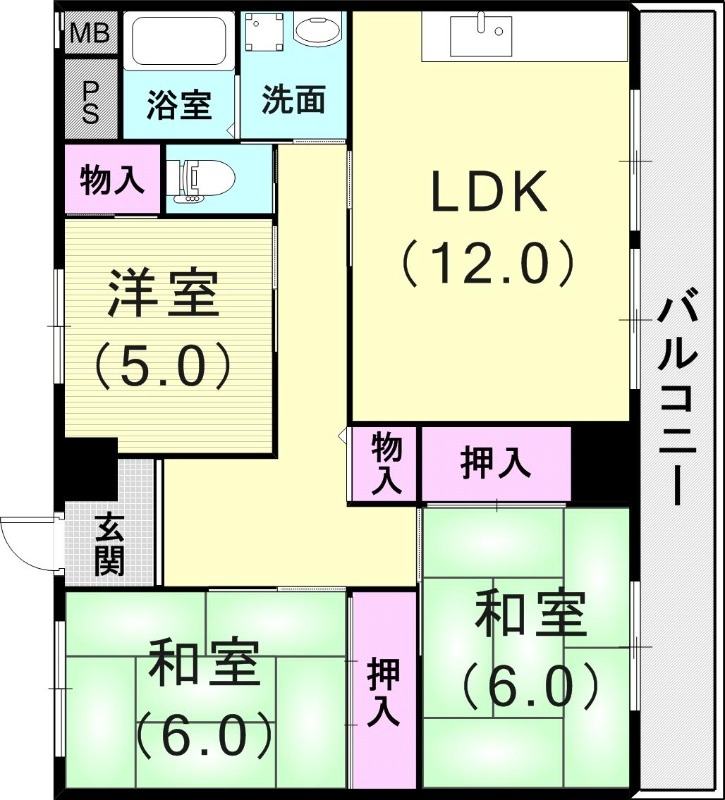 3LDK（69.2平米）独立洗面台・押入れ・フローリング