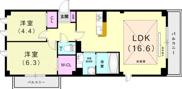 2LDK（62.49平米）ウォークインクローゼット・床暖房