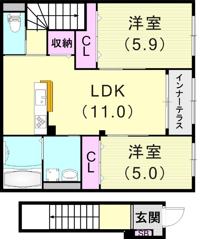 2LDK(8.54平米）カウンターキッチン・浴室乾燥機