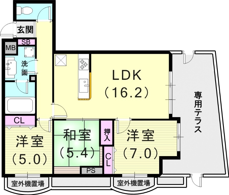 3LDK(71.13平米)専用テラス・浴室乾燥機・エアコン