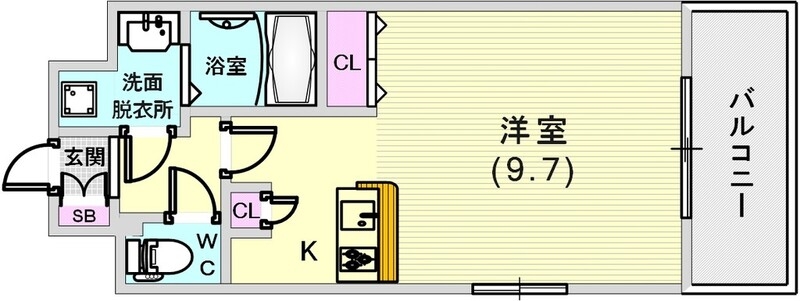 洋室9.7帖の大きめ1K