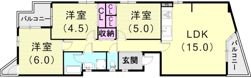 3LDK（61.27平米）システムキッチン・２面バルコニー