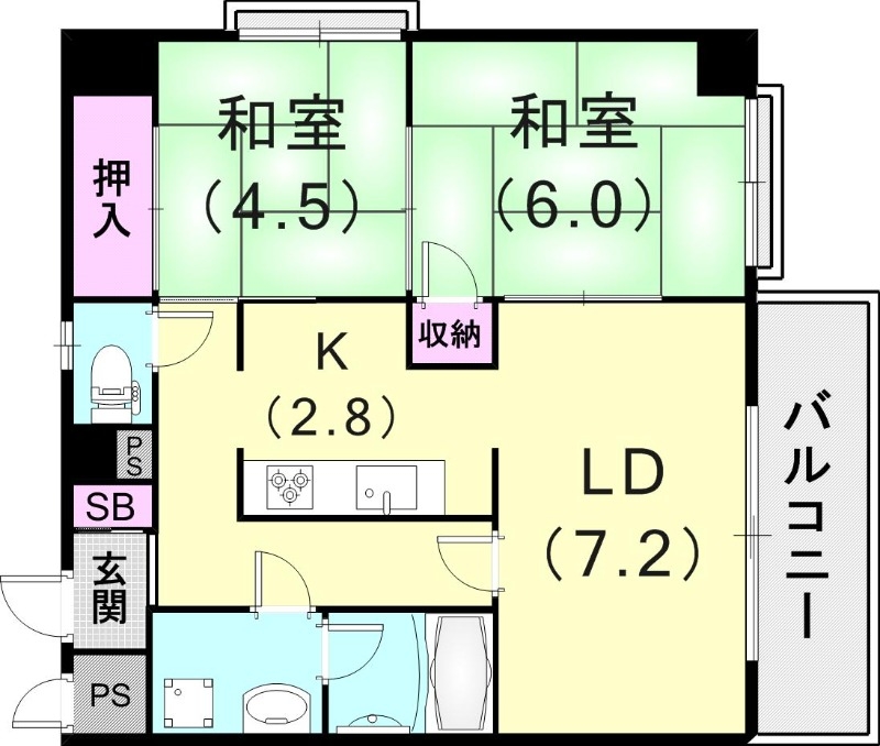 2LDK(72.27平米)角部屋・システムキッチン・洗面台