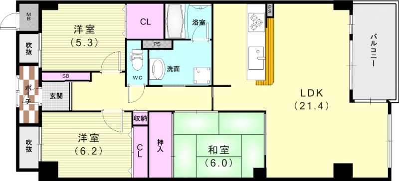 2LDK（86.42平米）カウンターキッチン・室内洗濯機置場