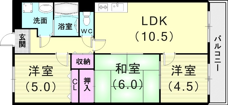 3LDK（60.5平米）独立洗面台・風呂トイレ別・バルコニー