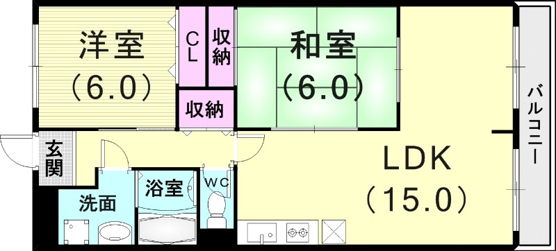 2LDK（60.5平米）独立洗面台・風呂トイレ別・バルコニー