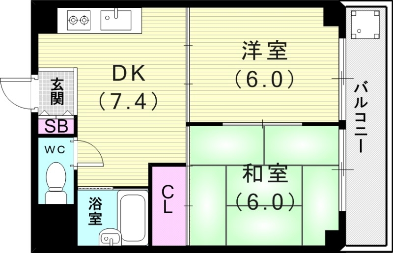 2DK(38.88平米)エアコン・温水洗浄便座・バルコニー