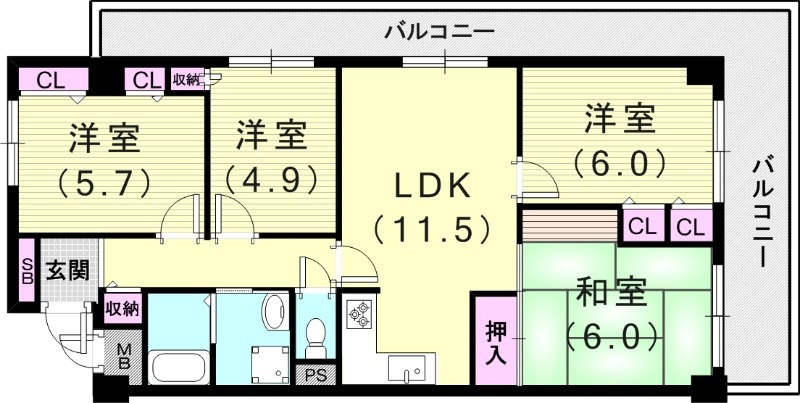 4LDK(75.75平米)システムキッチン・L字型バルコニー