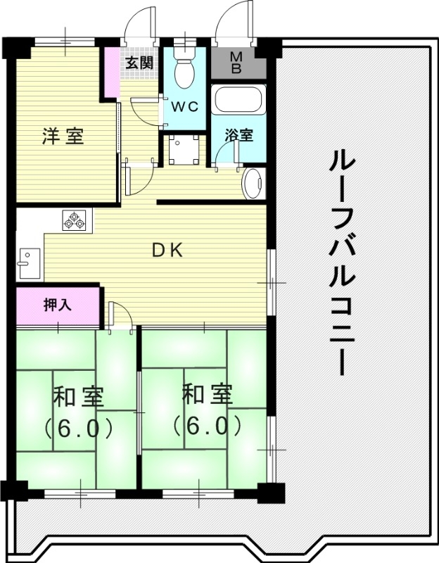 3LDK(50.35平米）ルーフバルコニー・L字型キッチン