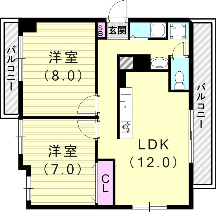 2LDK（55平米）システムキッチン・2面バルコニー・角部屋