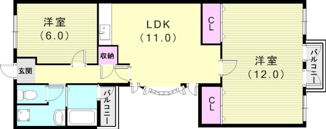 2LDK(63.23平米)バス・トイレ別・室内洗濯機置場