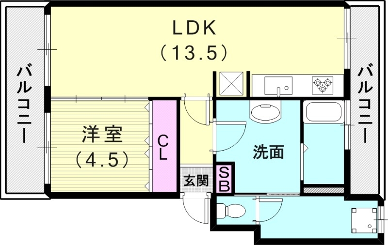 1LDK(47.1平米)システムキッチン・2面バルコニー