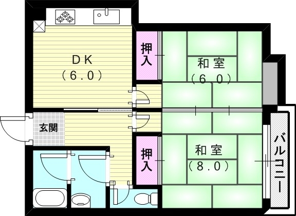 2DK（45平米）バストイレ別・独立洗面台・室内洗濯機置場