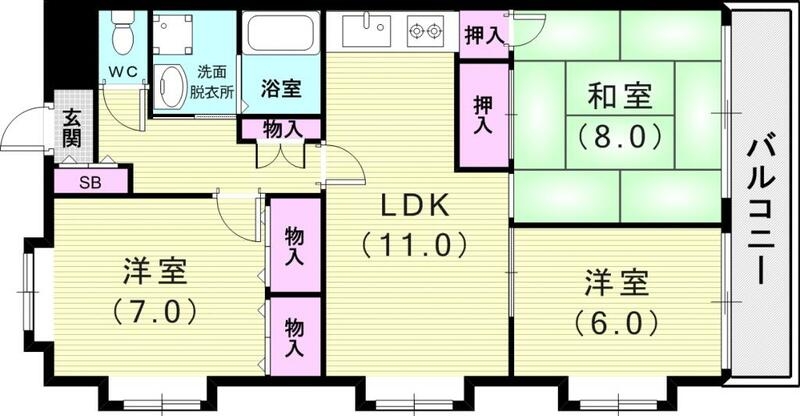 3LDK(70平米)モニター付きインターホン、追い焚き機能