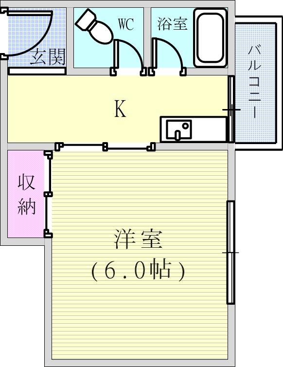 1K（21平米）エアコン・バルコニー・角部屋・風呂トイレ別