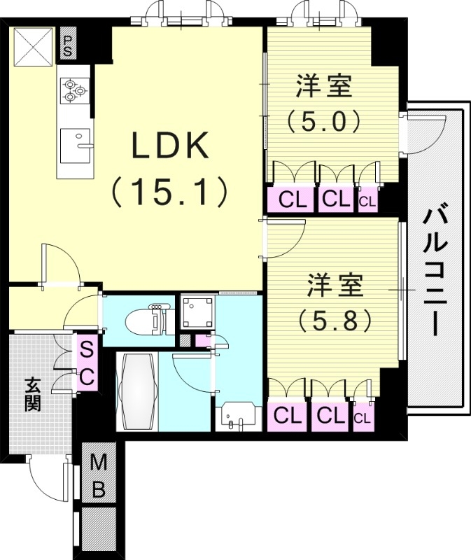 2LDK（61.38平米）24時間ゴミ出し可・食器洗浄乾燥機