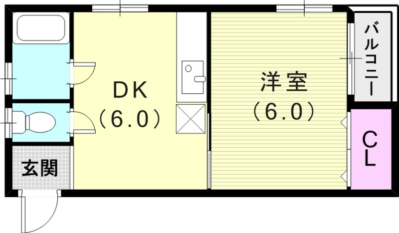 1DK（29平米）風呂トイレ別・エアコン・バルコニー・収納