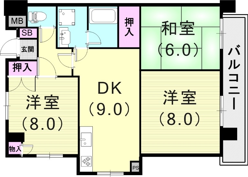 3ＤＫ（60平米）システムキッチン・室内洗濯機置場